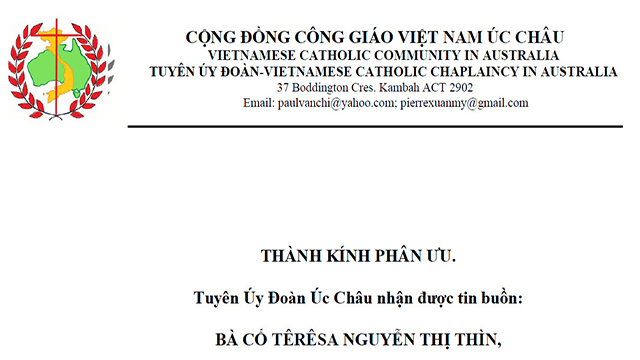 THÀNH KÍNH PHÂN ƯU - Tuyên Úy Đoàn Úc Châu